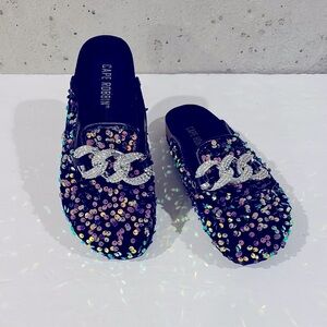 Cape Robbin Sequined Elsa Mules w/ Rhinestone Chain Buckle - Size 7